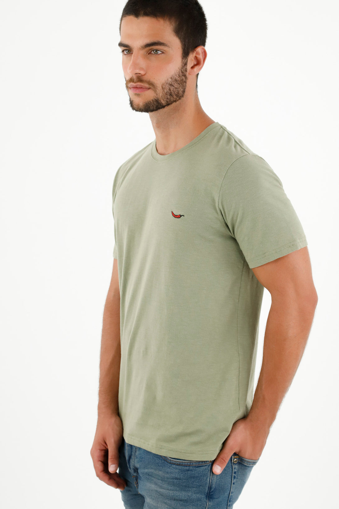 Camiseta verde con bordado en punto corazón para hombre