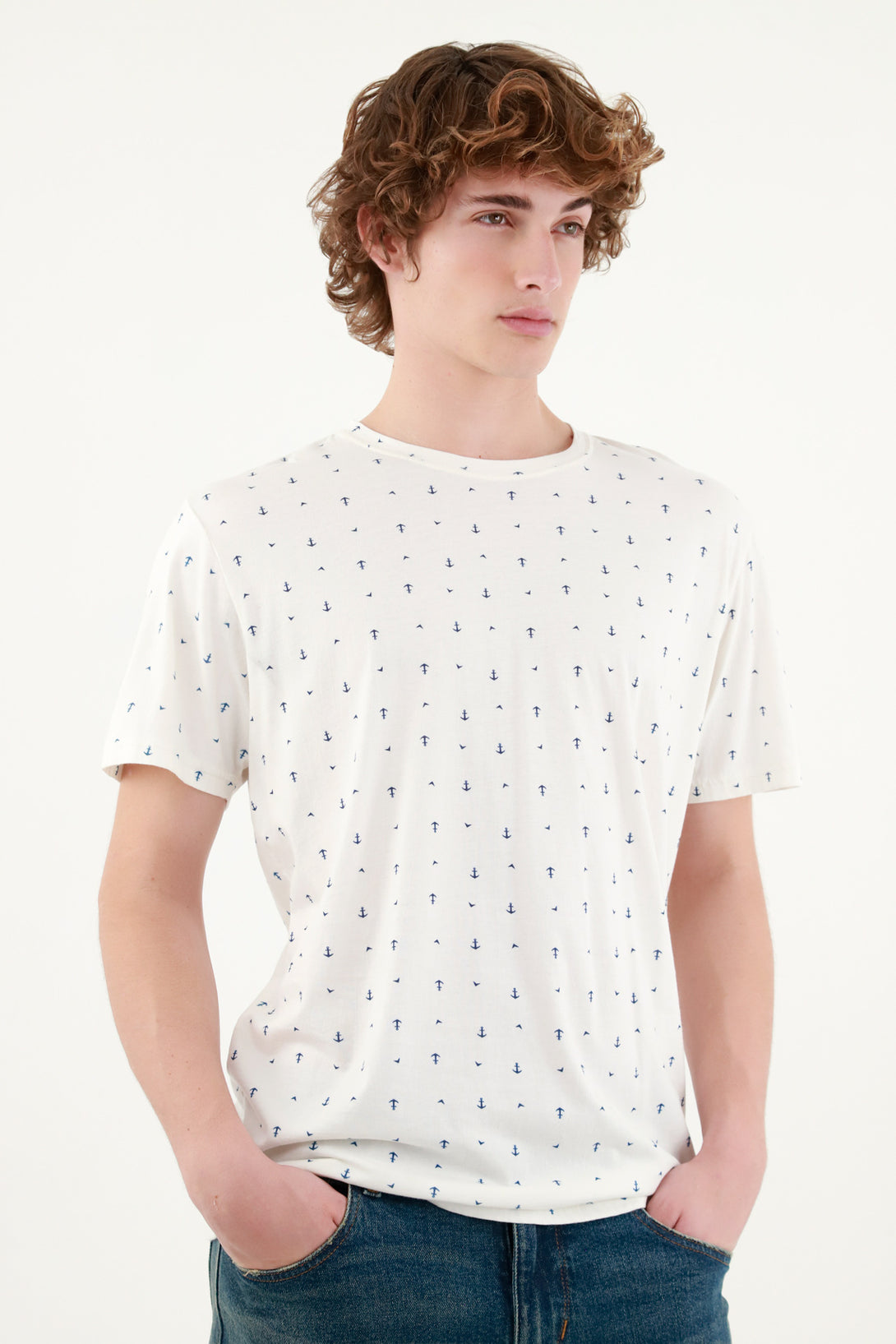 Men's Beige Tee with Mini Anchor Print