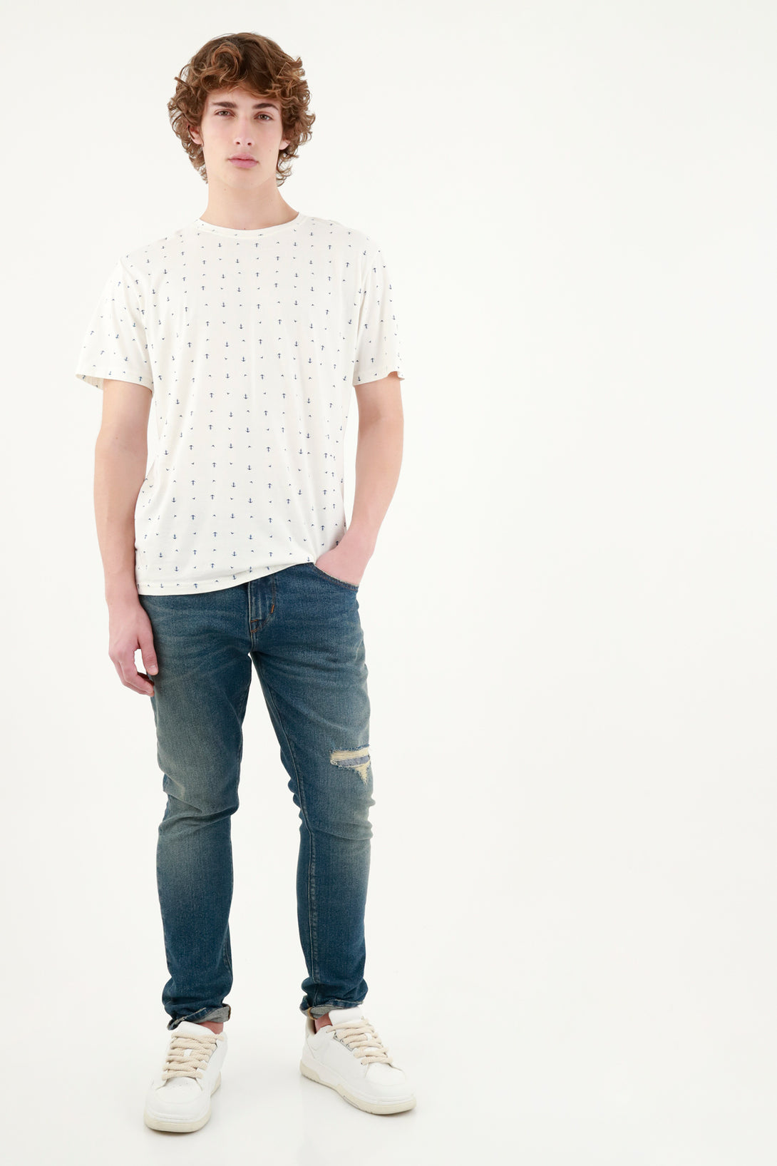 Men's Beige Tee with Mini Anchor Print