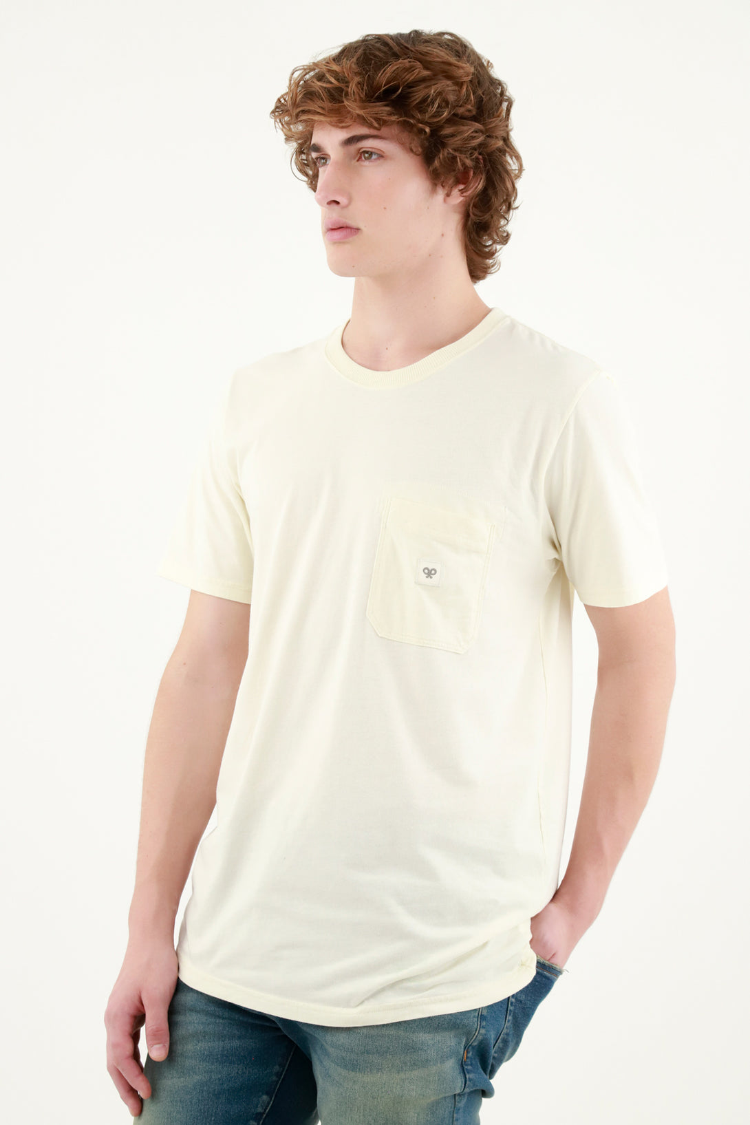 Men's Beige Tee with Patch Pocket