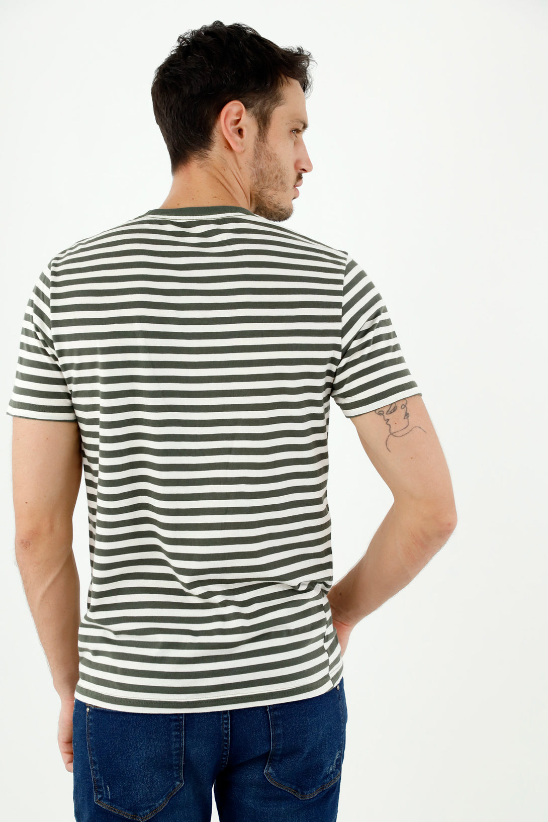 Men's Green Striped Crew Neck Short Sleeve Tee