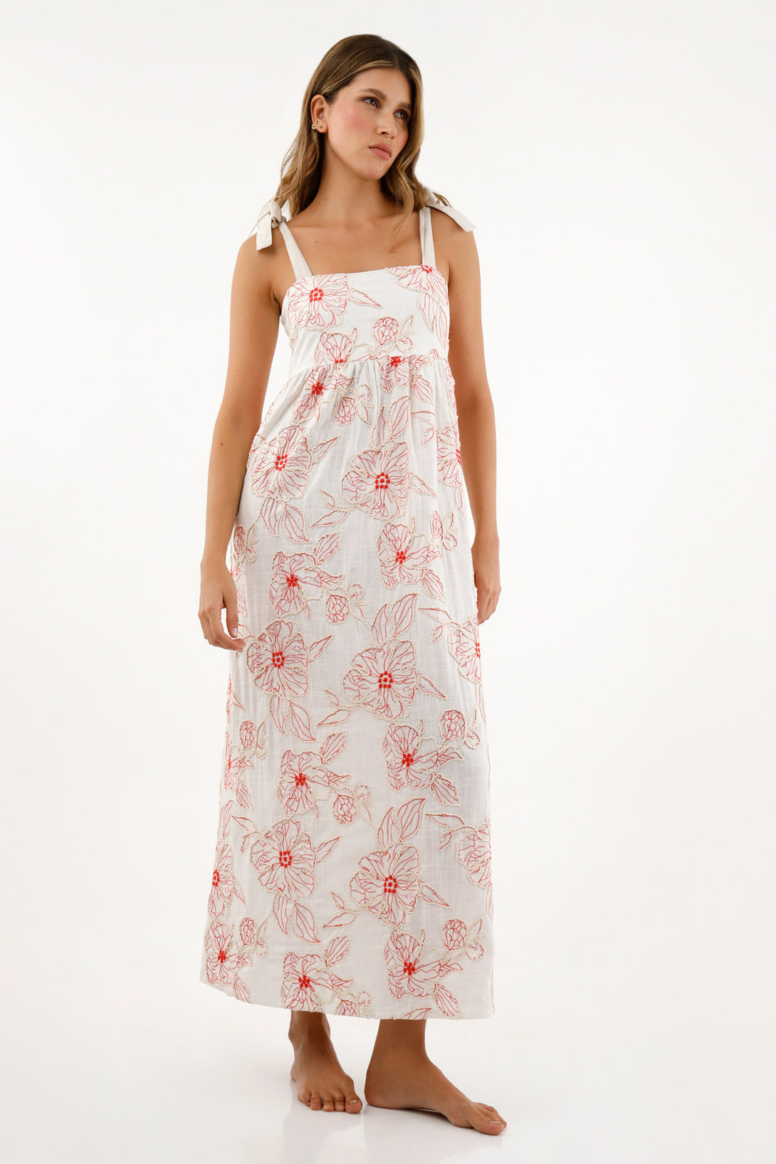 Women's Ecru Dress with Floral Embroidery