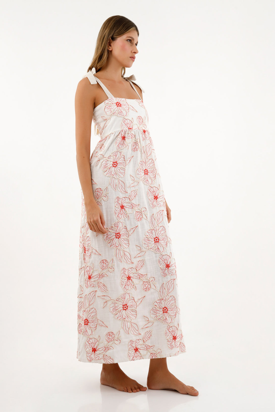 Women's Ecru Dress with Floral Embroidery