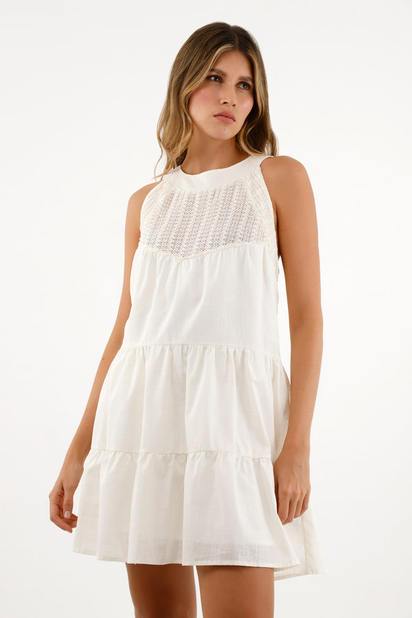 Women's Ecru Dress with Decorative Stitching