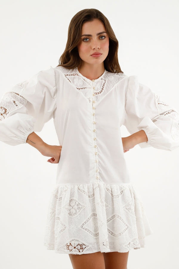 Women's Ecru Dress with Voluminous Sleeves