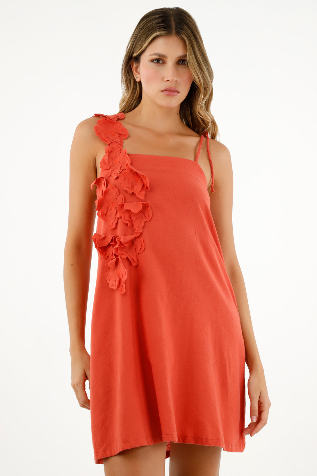 Women's Orange Dress with Floral Appliques