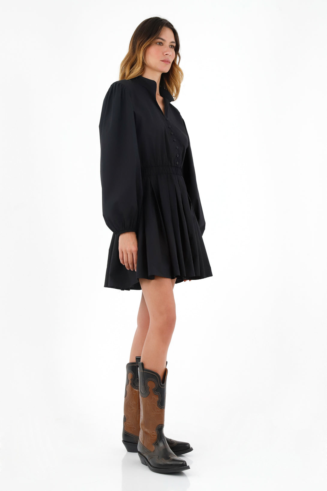 Women's Black Long-Sleeve Dress with Puff Sleeves