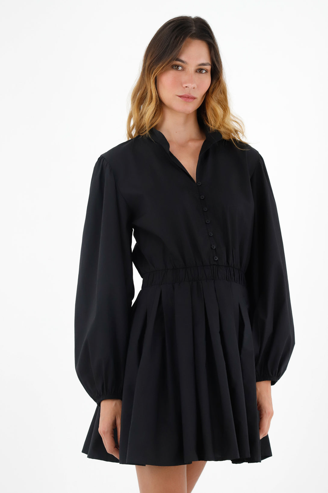 Women's Black Long-Sleeve Dress with Puff Sleeves