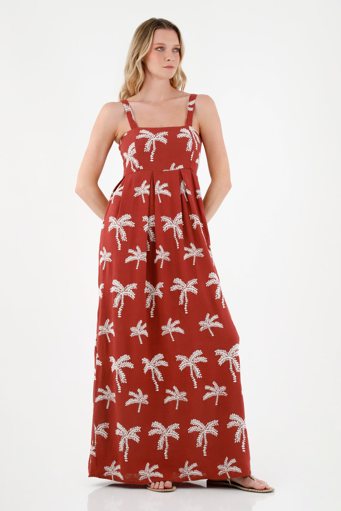 Women's Red Dress with Palm Embroidery