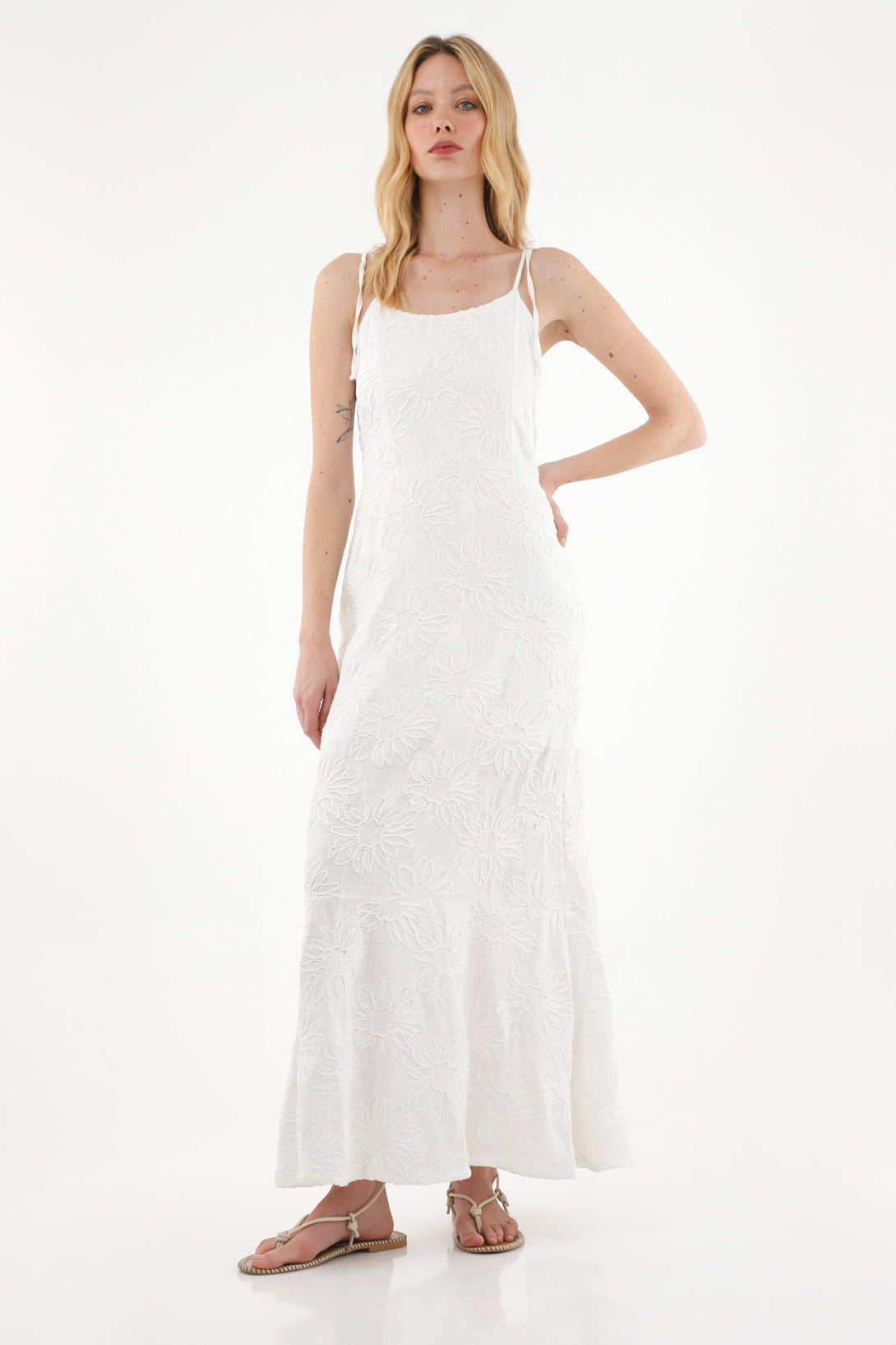 Women's Long Off-White Embroidered Dress