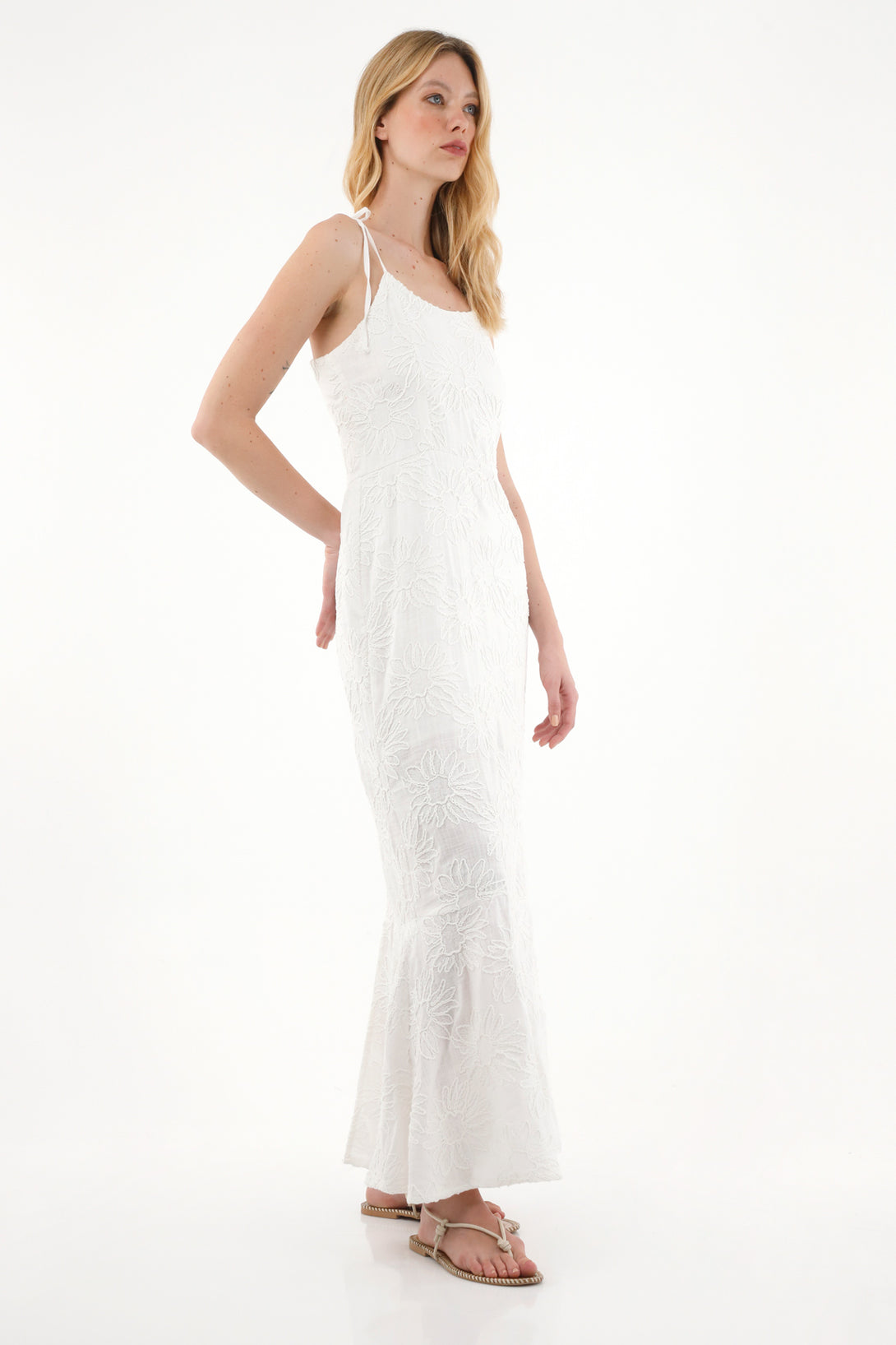 Women's Long Off-White Embroidered Dress