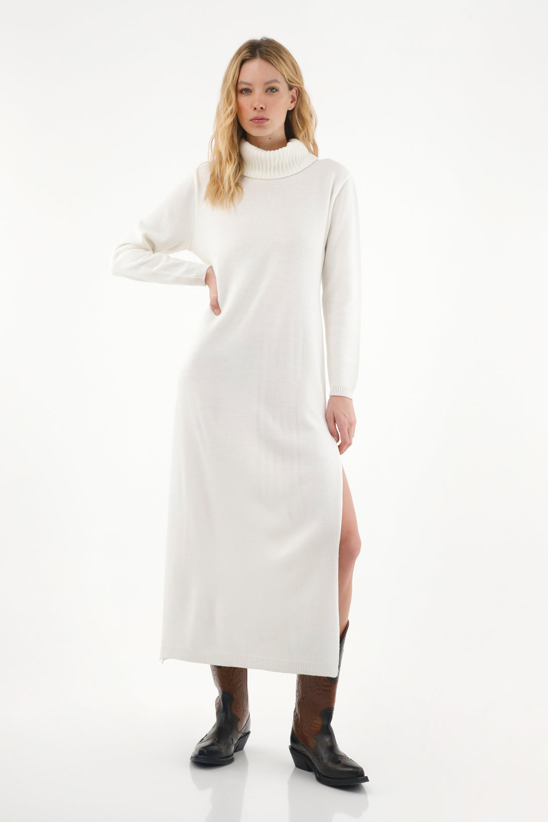 Women's Off-White Long Dress with High Neck