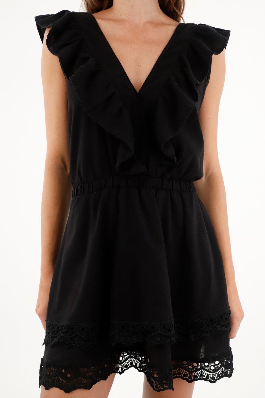 Women's Short Dress with Black Lace Details