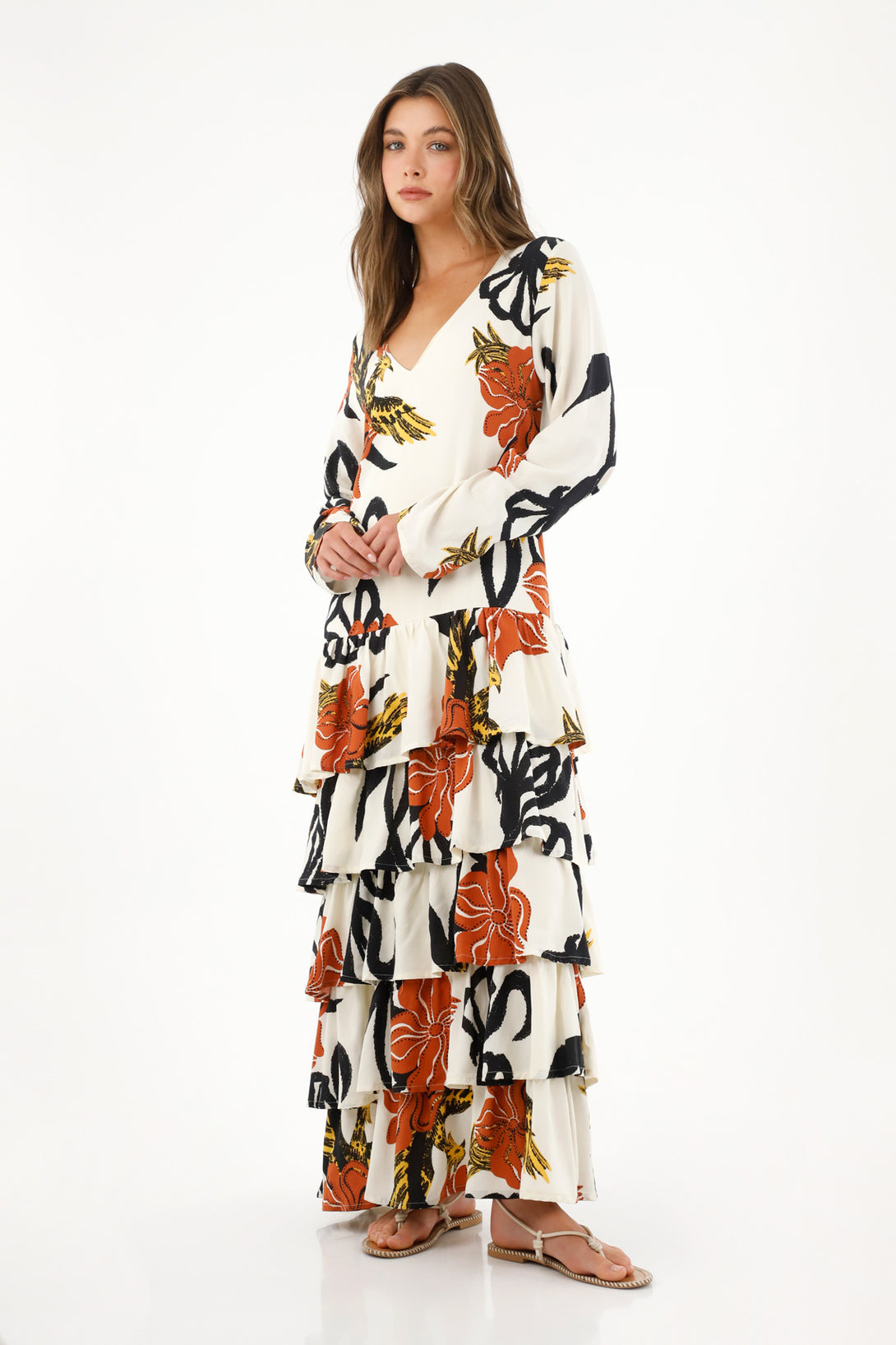 Women's Long Printed Dress with Ruffles