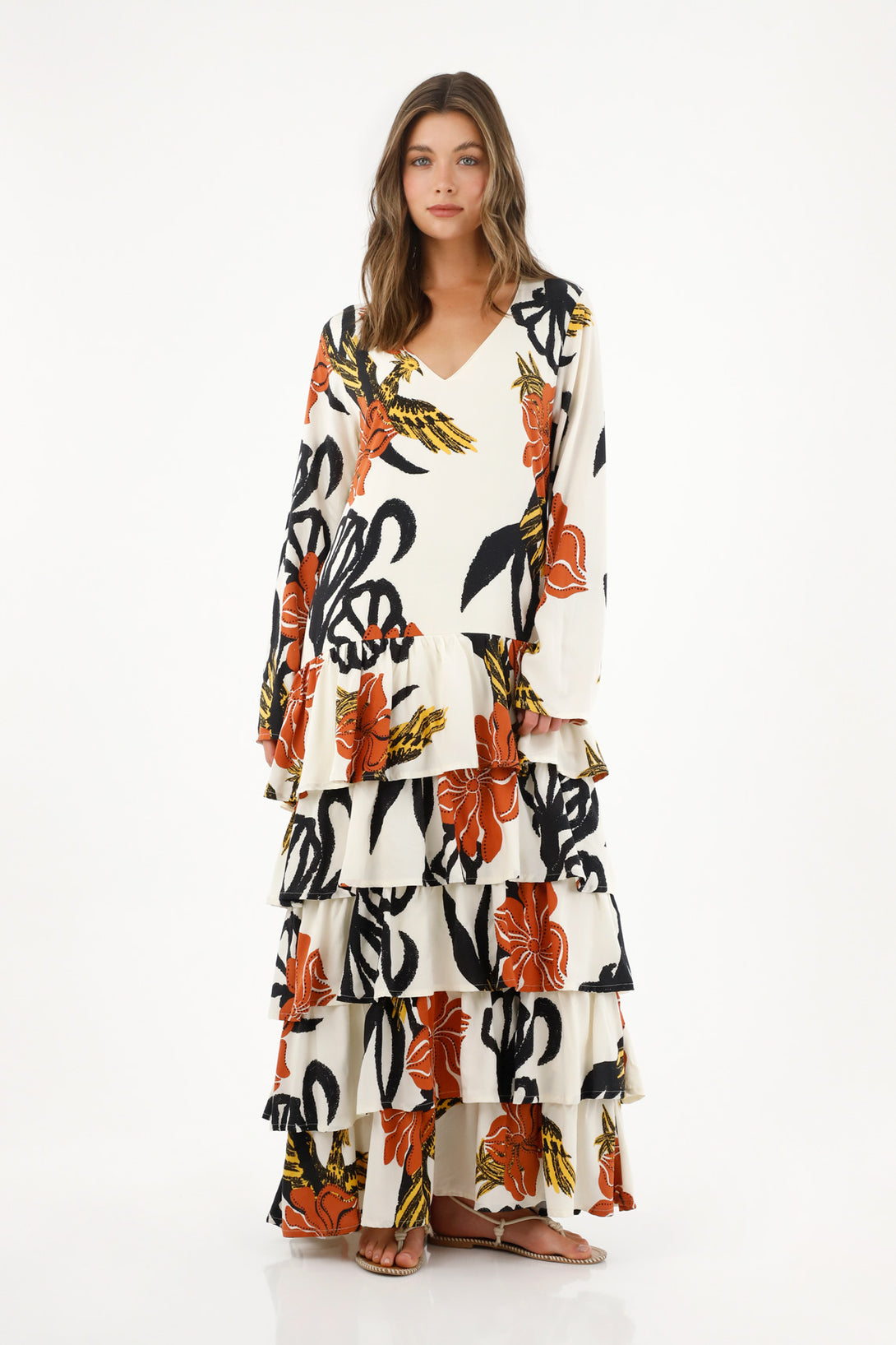 Women's Long Printed Dress with Ruffles