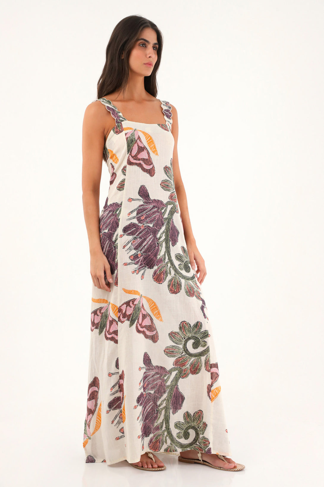 Long printed dress with embroidered straps for women