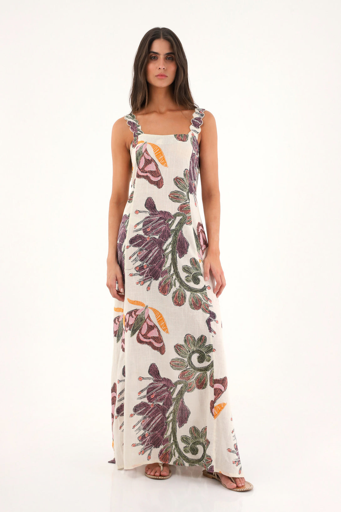 Long printed dress with embroidered straps for women