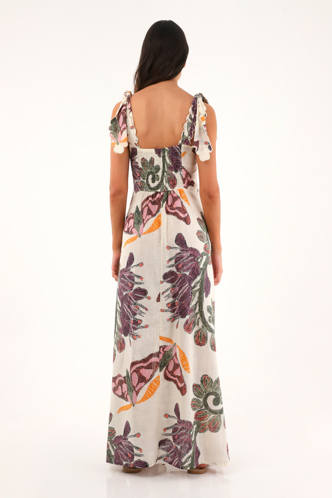 Long printed dress with embroidered straps for women