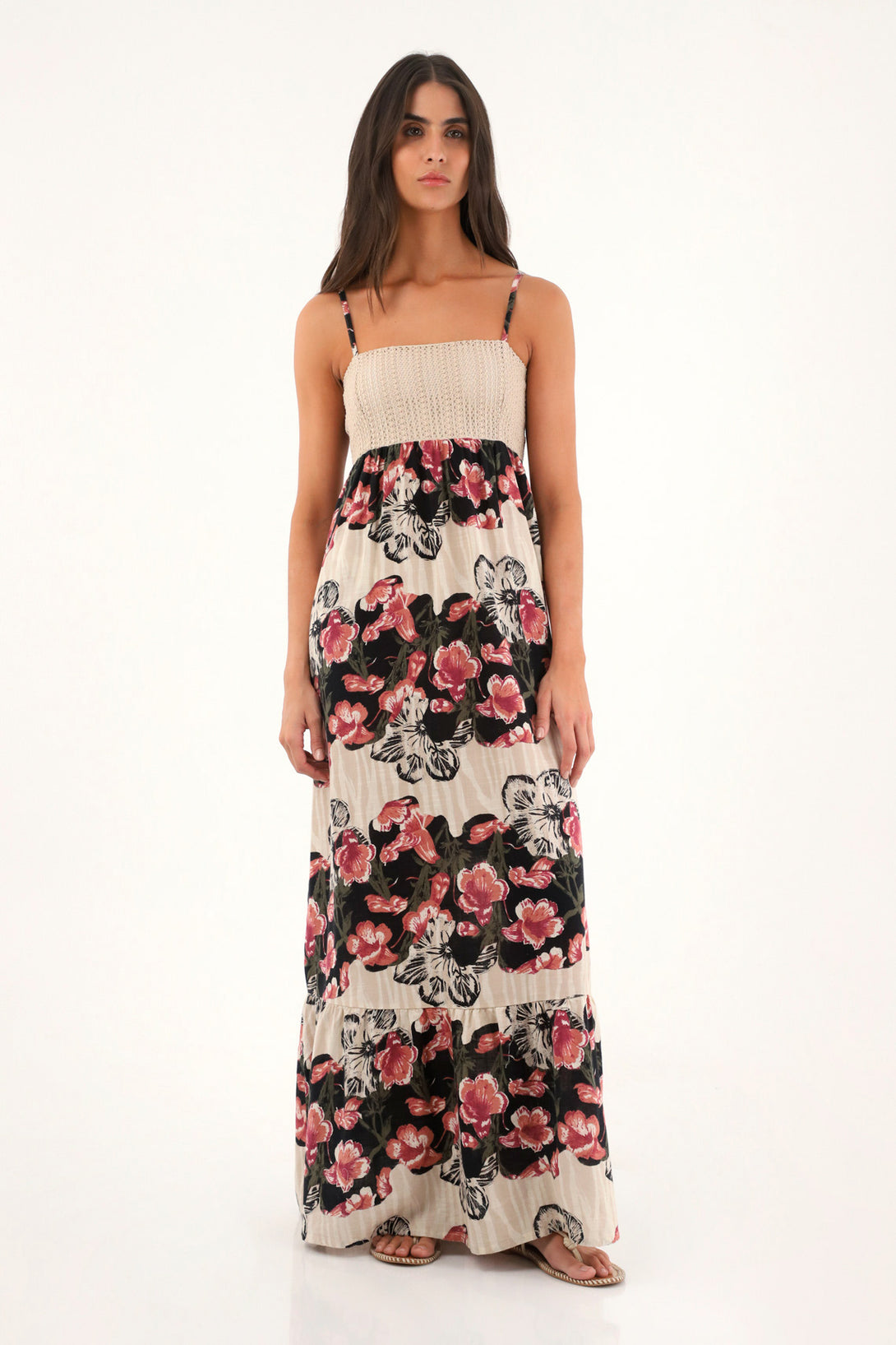 Women's Long Printed Dress with Woven Details