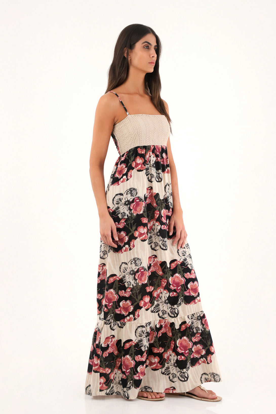 Women's Long Printed Dress with Woven Details