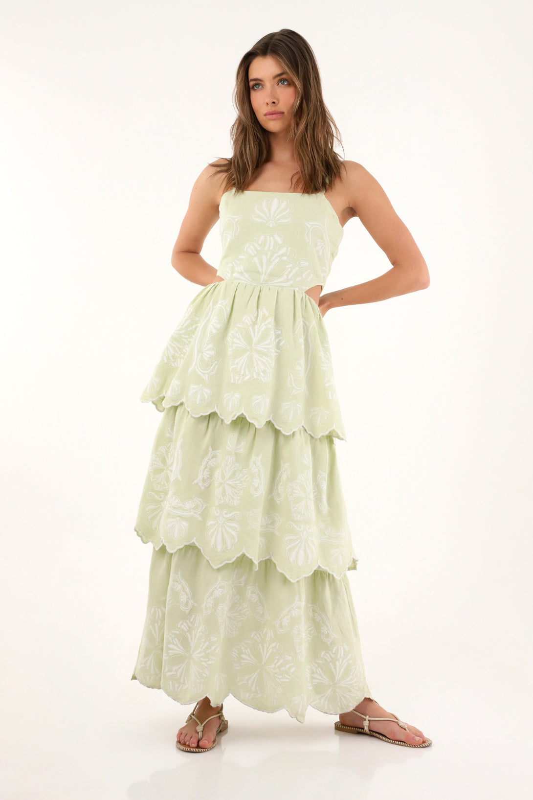 Women's long green dress with ruffles