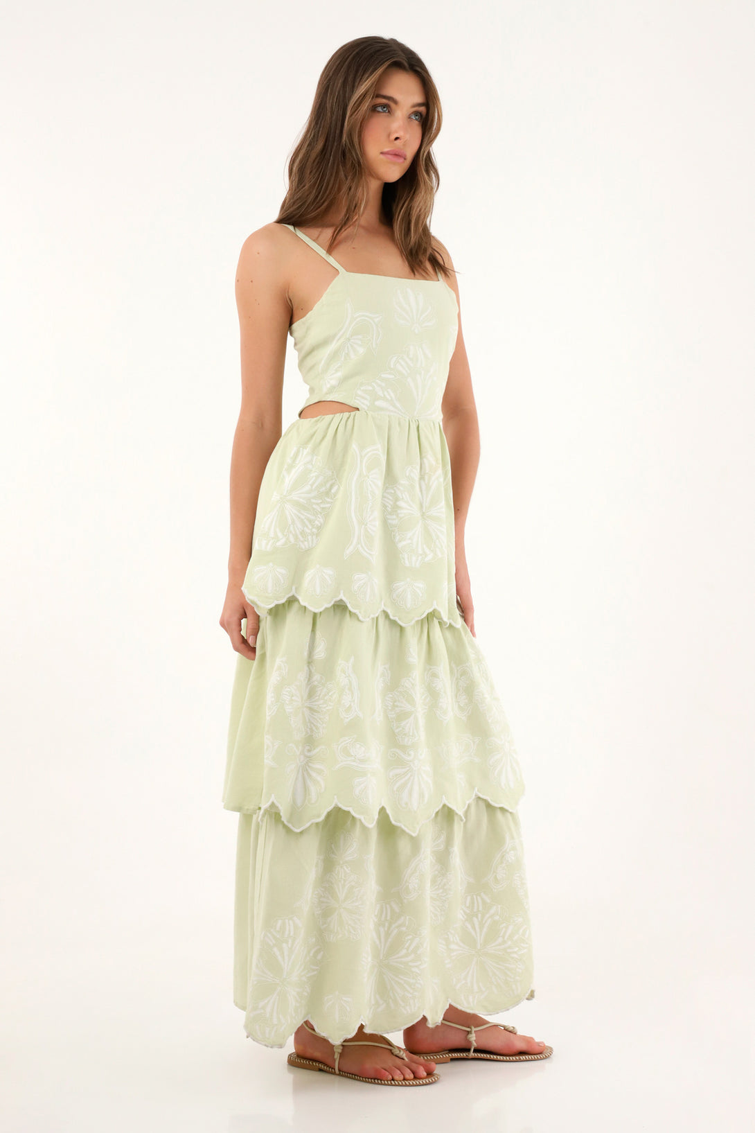 Women's long green dress with ruffles