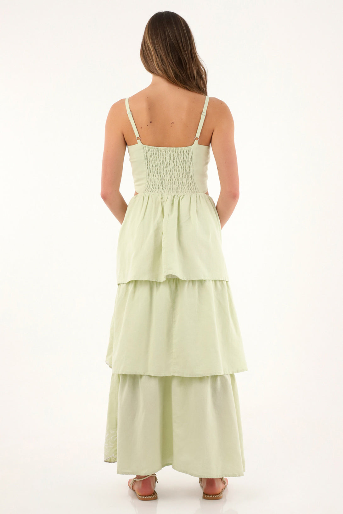 Women's long green dress with ruffles