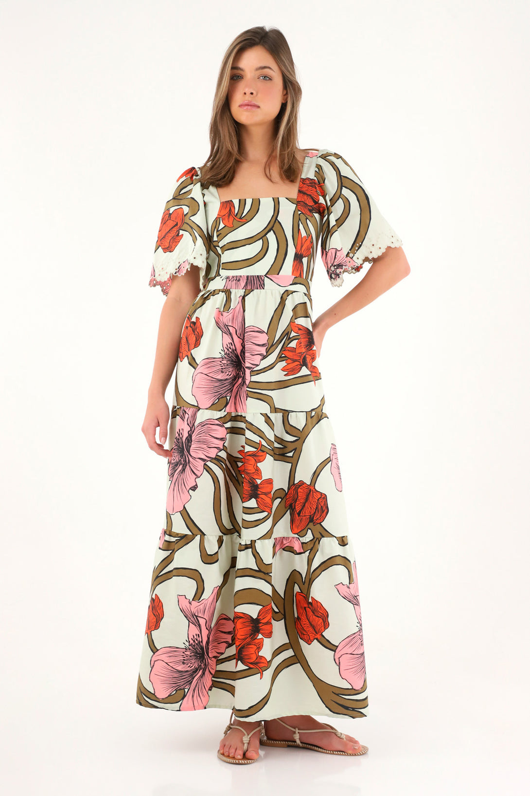 Women's long printed dress with eyelet sleeves