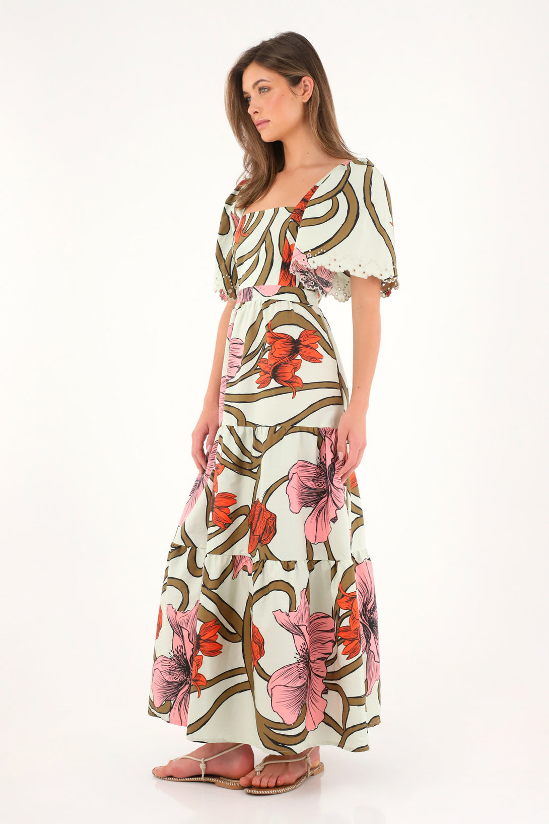 Women's long printed dress with eyelet sleeves