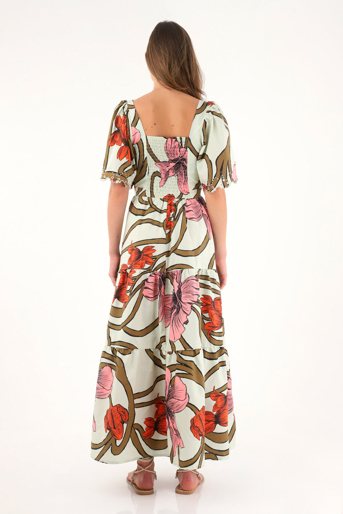 Women's long printed dress with eyelet sleeves