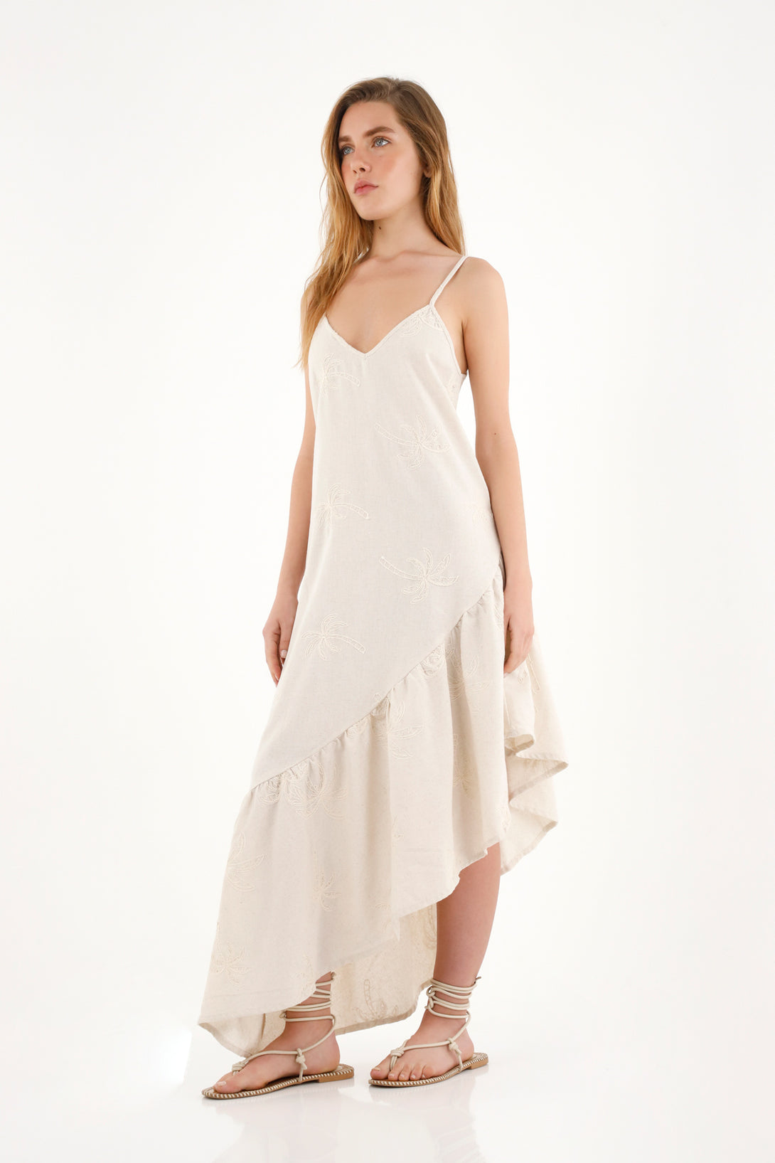 Women's long embroidered cream dress