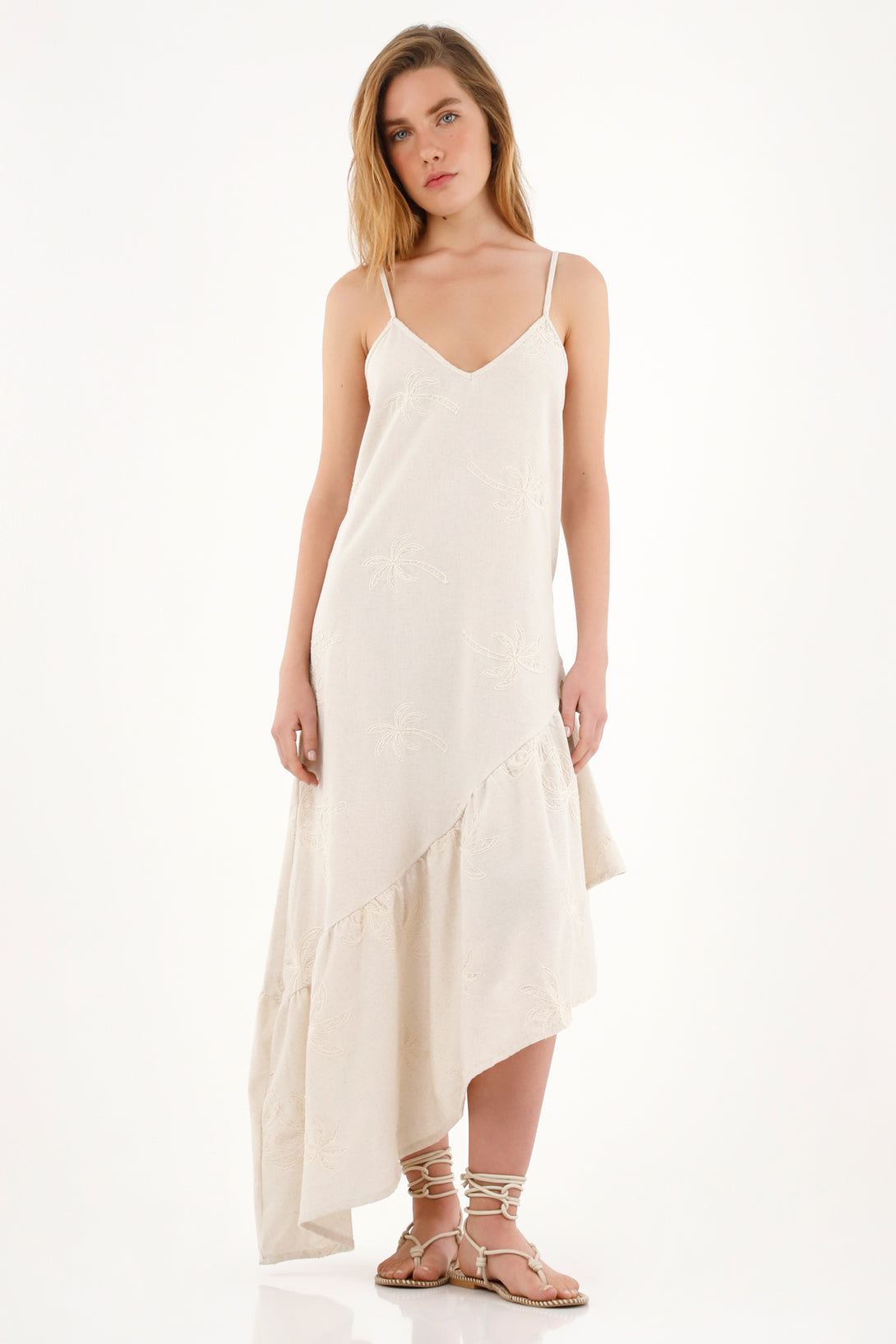 Women's long embroidered cream dress