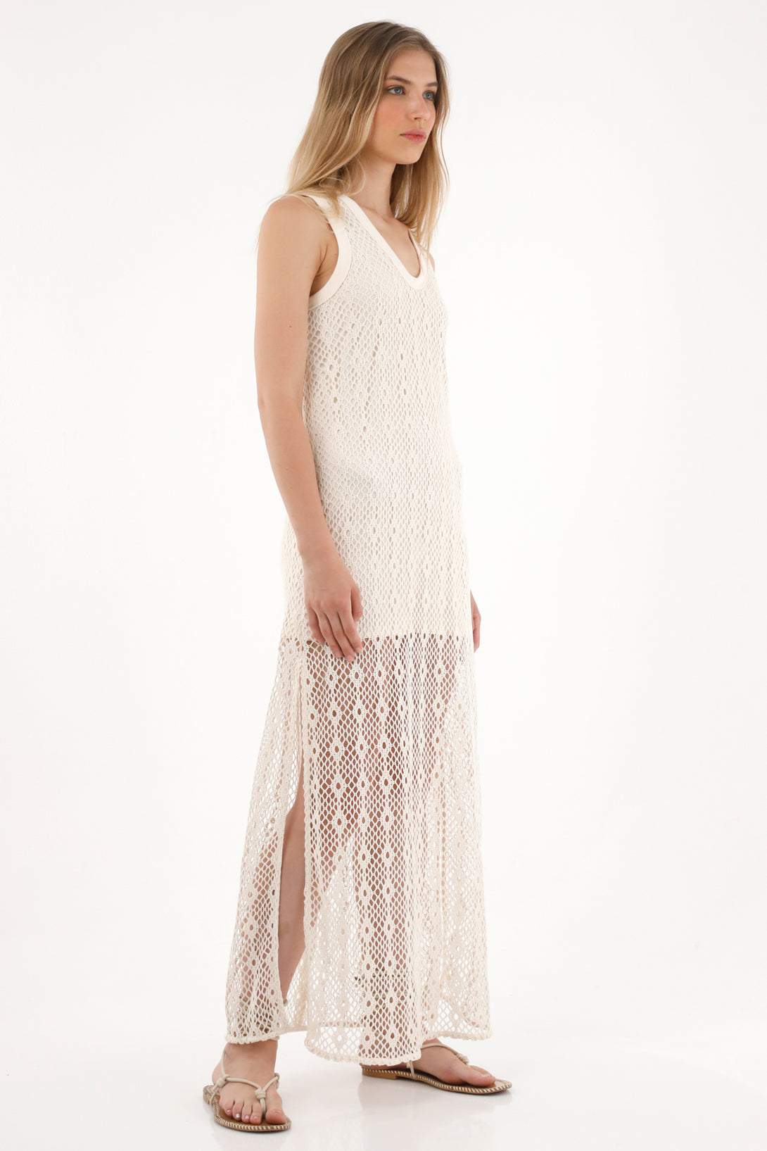 Women's Long Crocheted Dress in Natural Beige