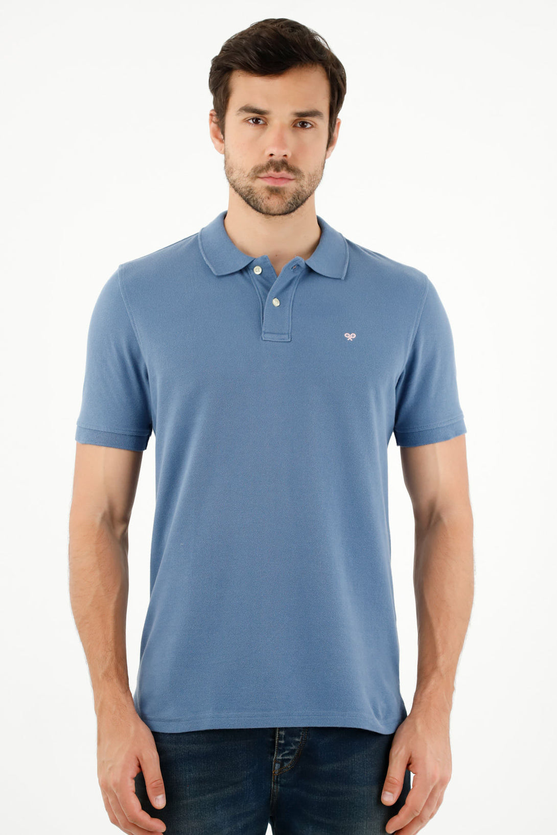 Men's Blue Polo Shirt with Multicolor Racket Design